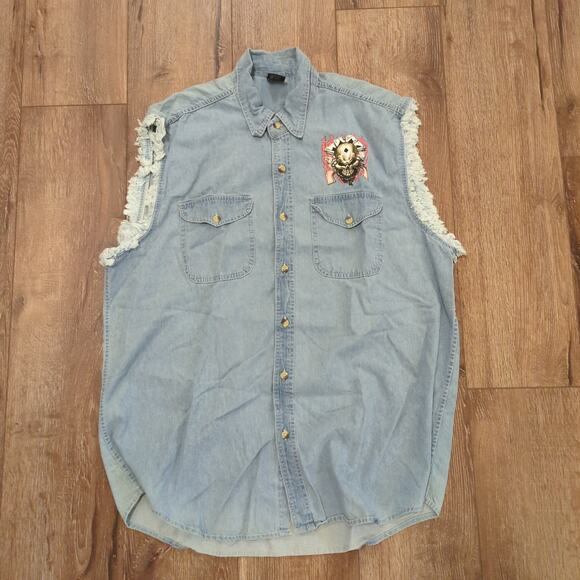 VTG Biker Cutoff Men XXL Button Up Denim Shirt Skull Cards Dice Guns Punk Flame - Picture 1 of 7